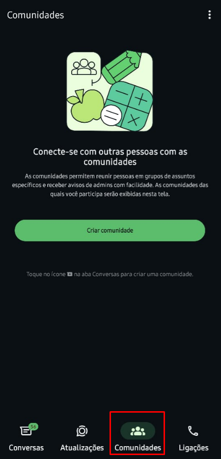 Tela inicial do WhatsApp mostrando a opção Comunidades