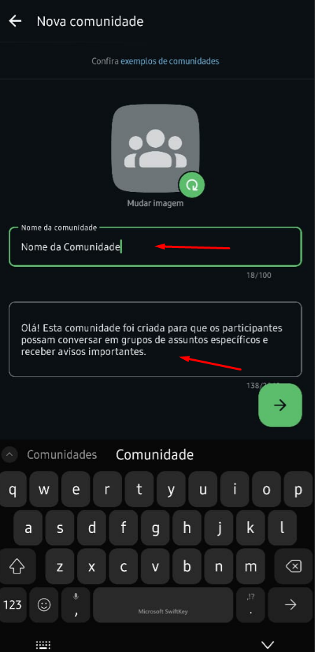 Campos para nome e descrição da comunidade