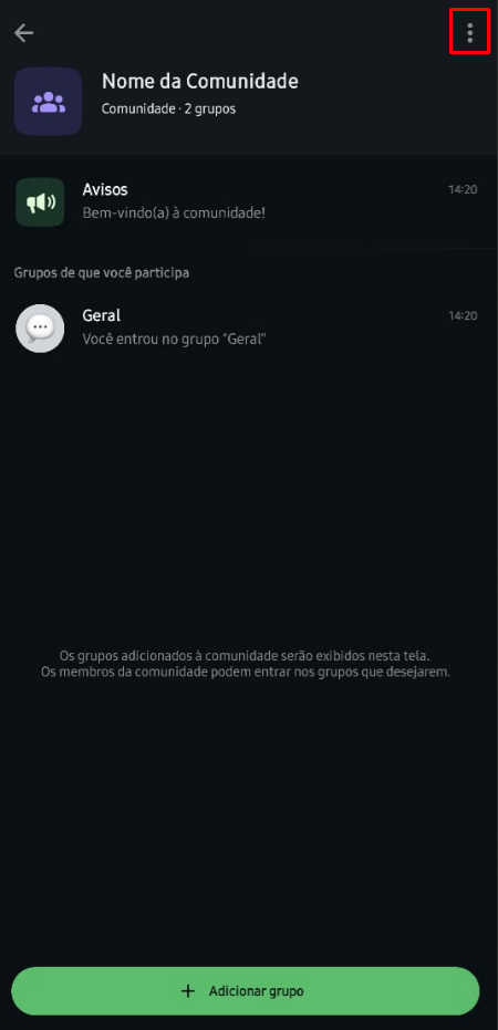 Menu de três pontos no canto superior