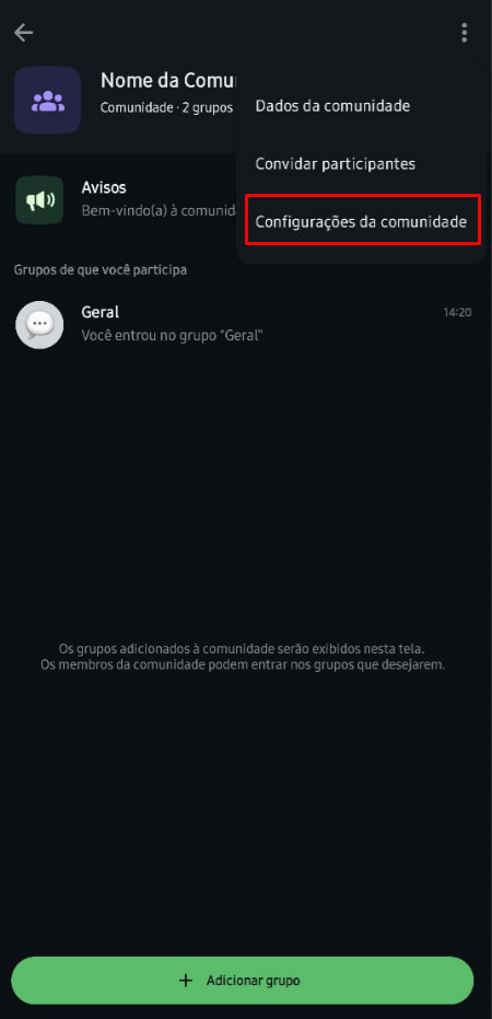 Opção Configurações da comunidade