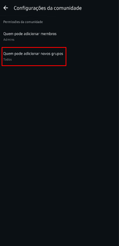 Opção de permissões para adicionar grupos